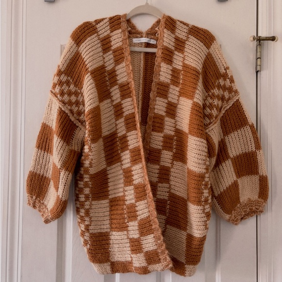 Altar'd State Sweaters - Altar'd State Checkered Cardigan - Brown and Cream